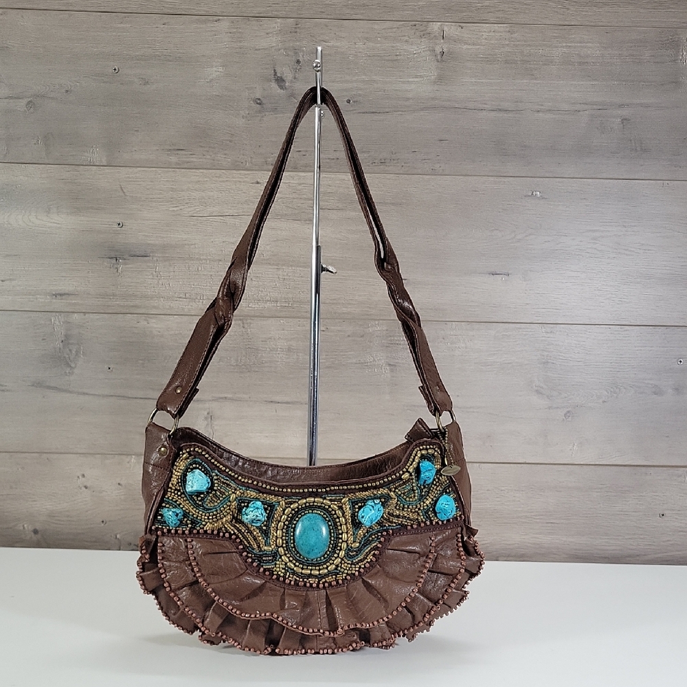 Mary Frances Brown Leather Shoulder Bag with Turquoise Accents